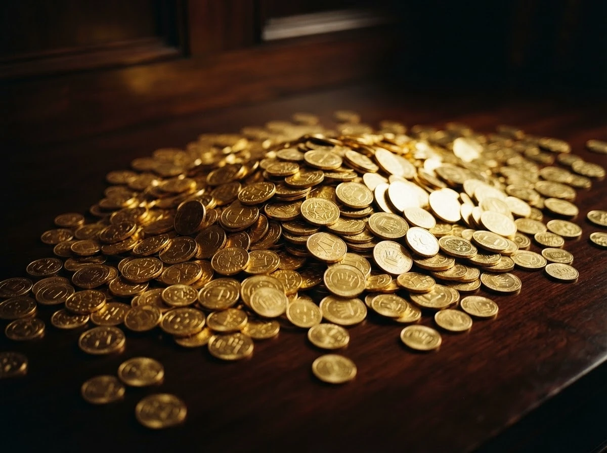 Grande quantidade de moedas douradas espalhadas, simbolizando excesso de expectativas no sonho