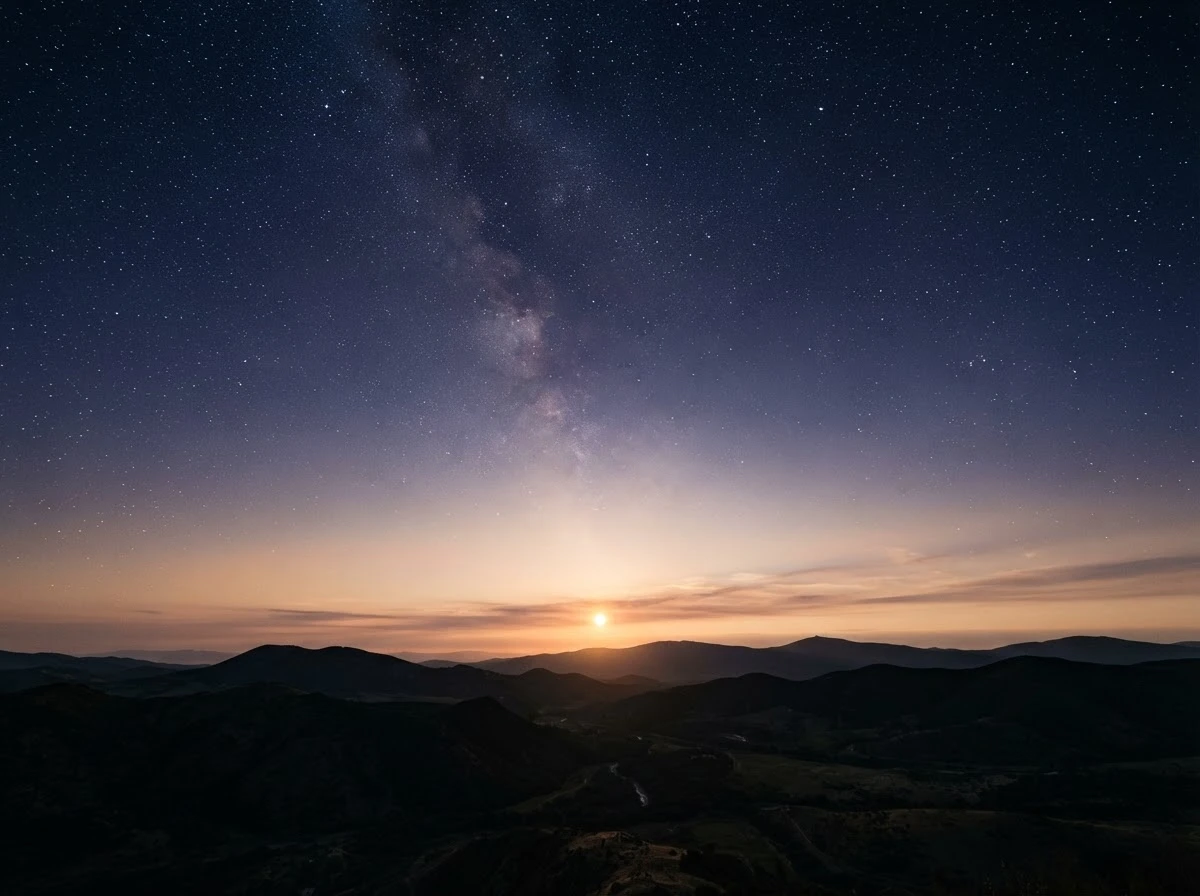 Céu estrelado com luz dourada no horizonte, simbolizando novas possibilidades no sonho