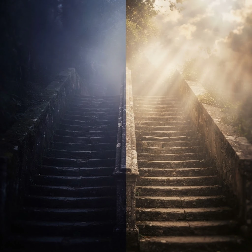 Escada simbólica entre escuridão e luz representando tocar o fundo do poço e se reerguer