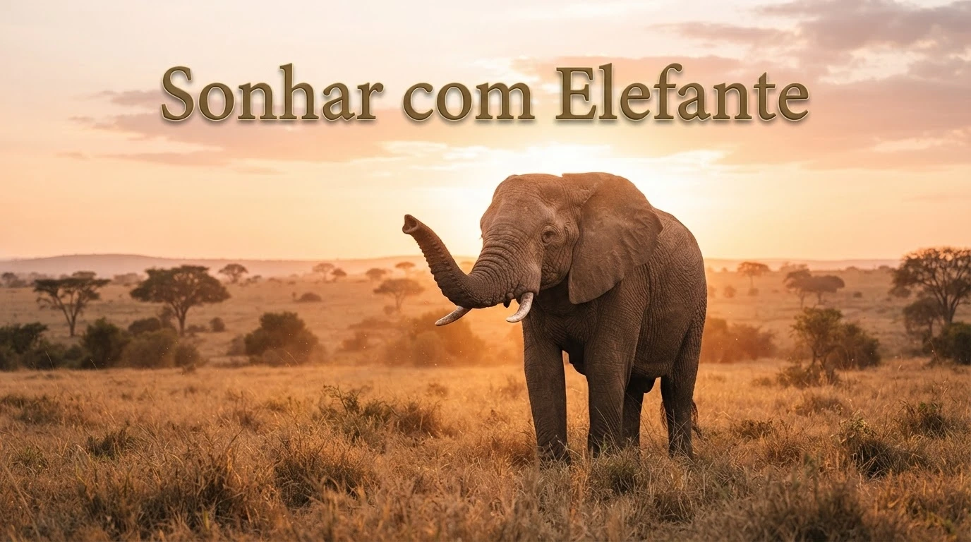 Elefante majestoso com a tromba levantada ao entardecer, símbolo de sabedoria e sorte nos sonhos