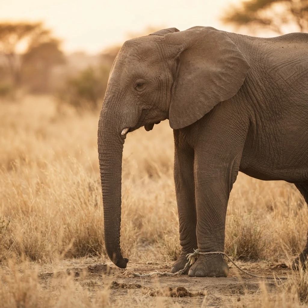 Elefante com uma corda solta na pata, símbolo do potencial contido no sonho