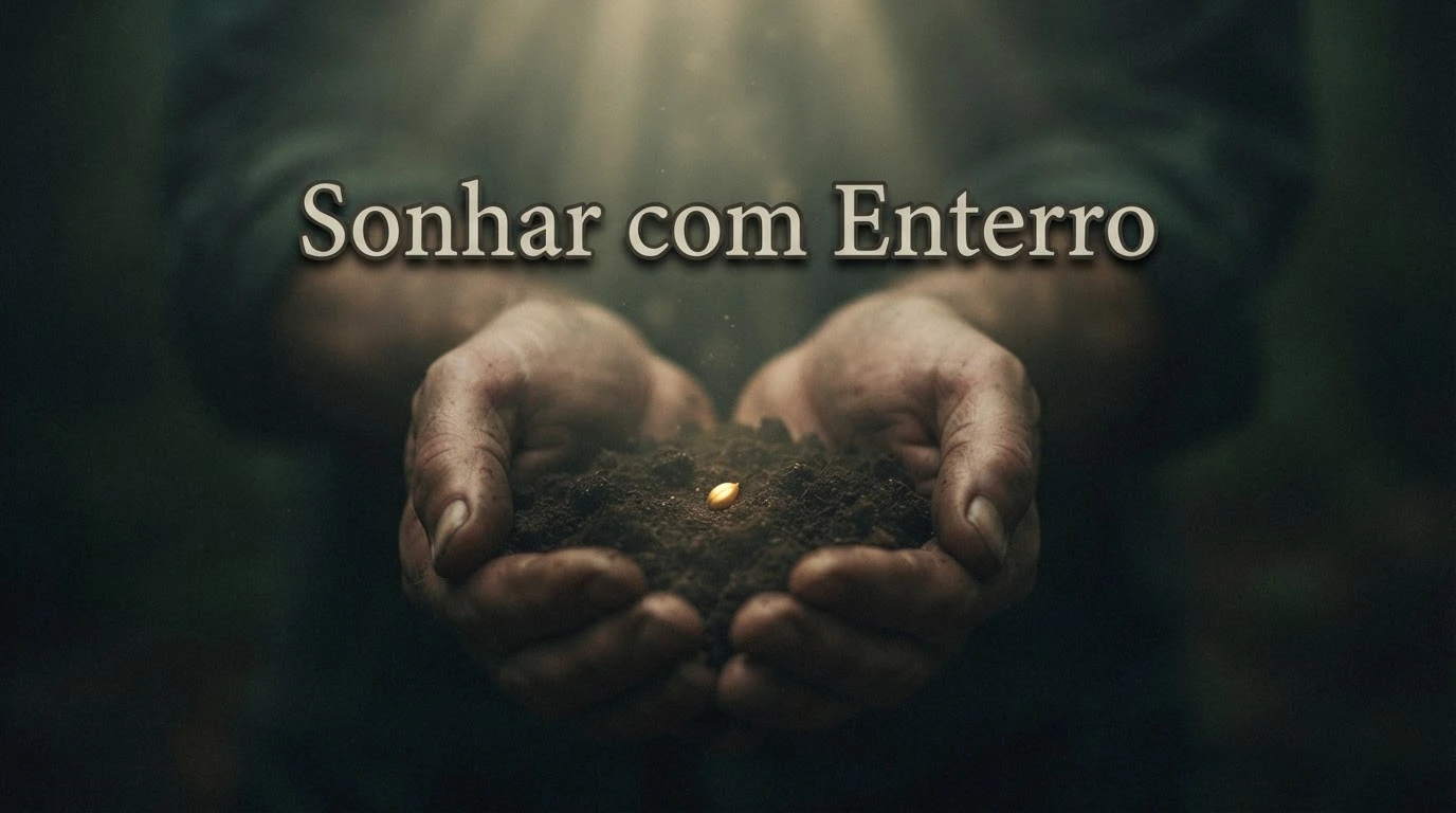 Mãos segurando terra com uma semente, símbolo da aceitação e do fim de um ciclo no sonho com enterro
