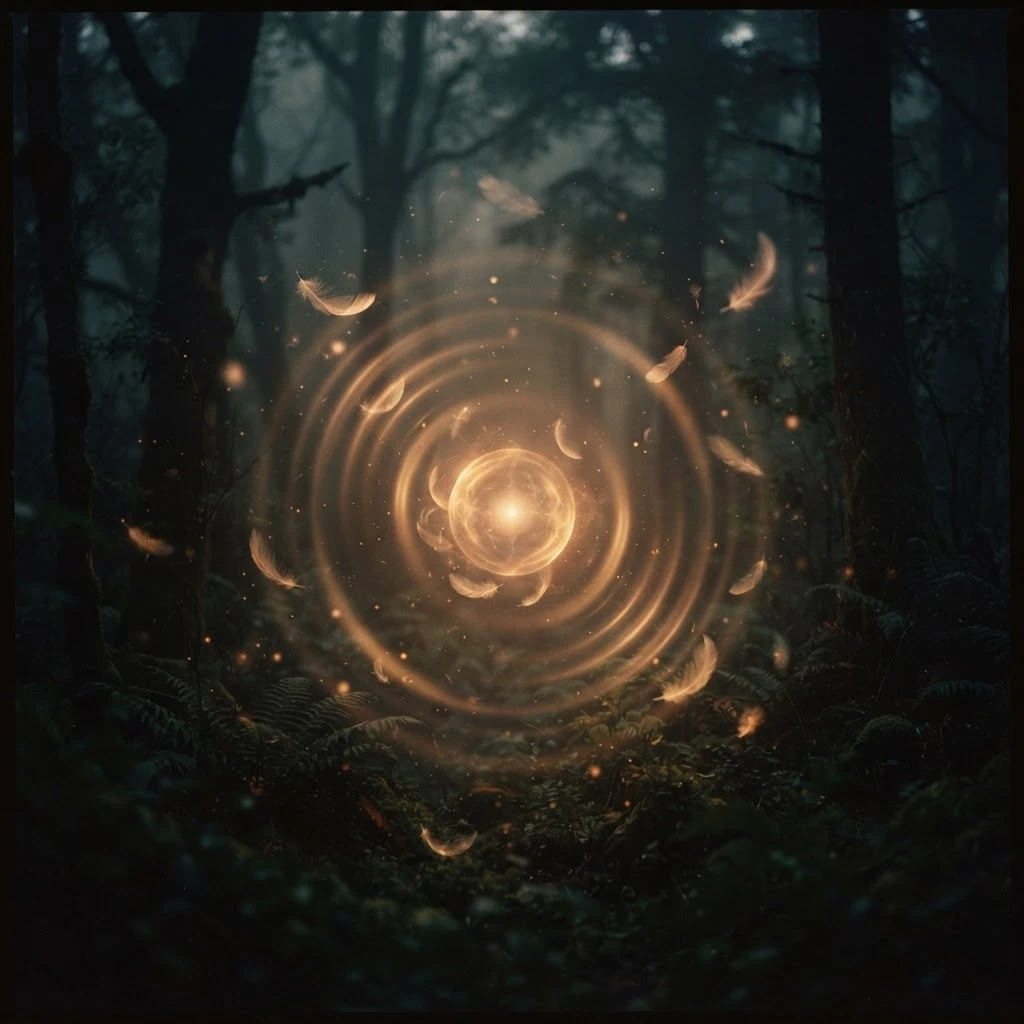 Ondas de luz suave em uma floresta escura, símbolo da comunicação espiritual no sonho com entidade