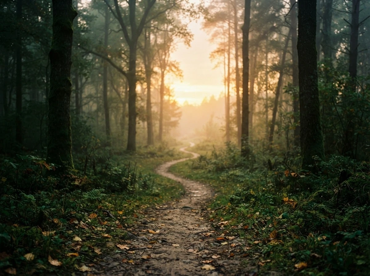 Caminho na floresta em direção à luz do amanhecer, símbolo do chamado espiritual após o sonho com entidade