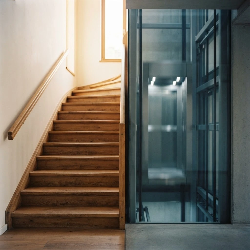 Contraste entre escada e elevador, símbolo das duas formas de progresso nos sonhos