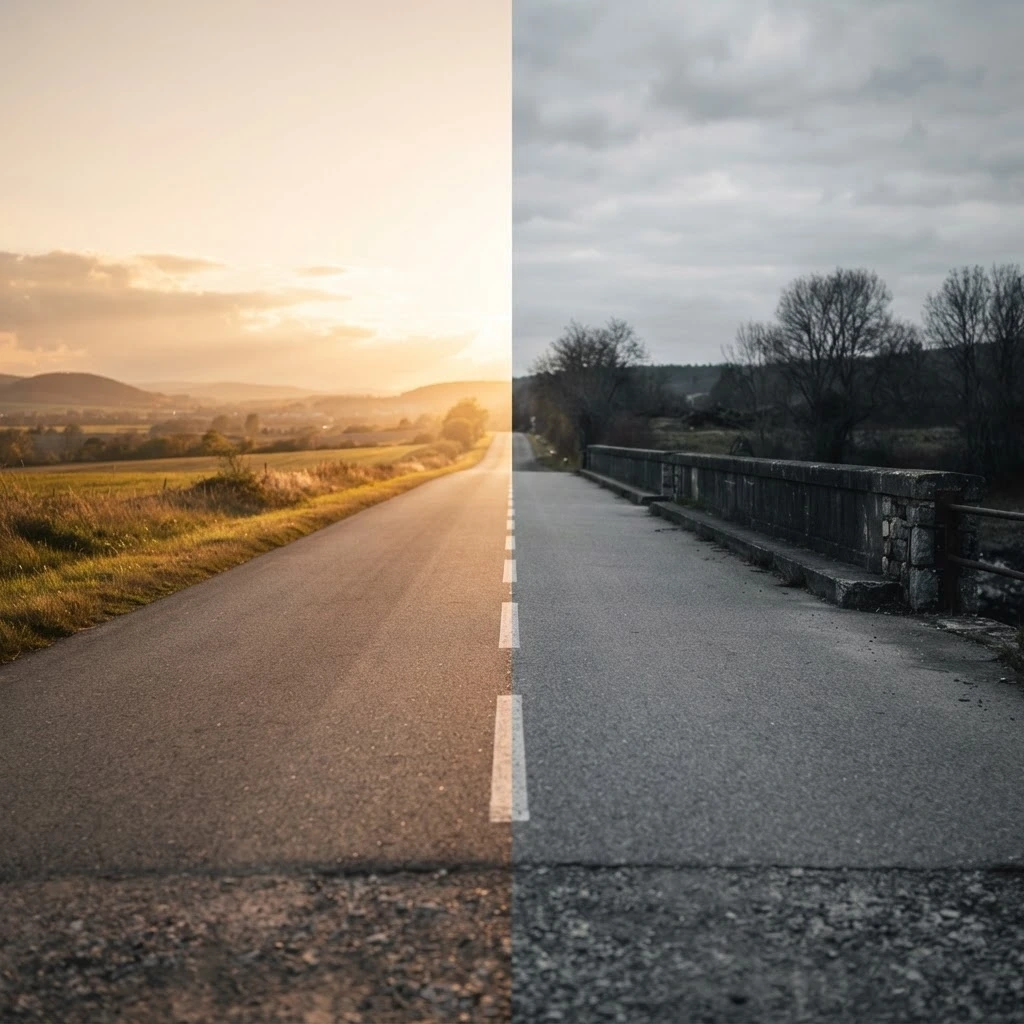 Contraste entre uma estrada terminando na luz e outra sem saída, símbolo dos dois desfechos possíveis no sonho
