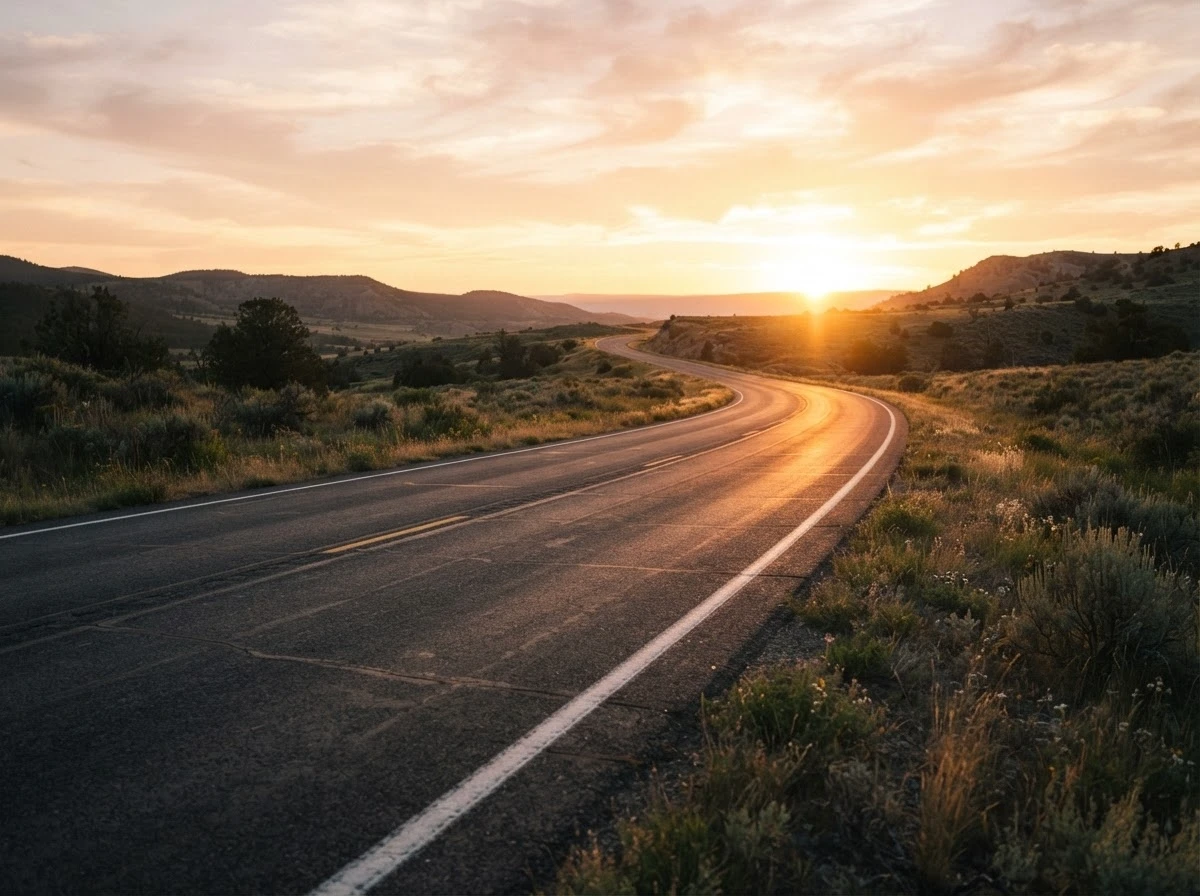 Estrada curvando em direção ao nascer do sol, símbolo de novos começos após o sonho