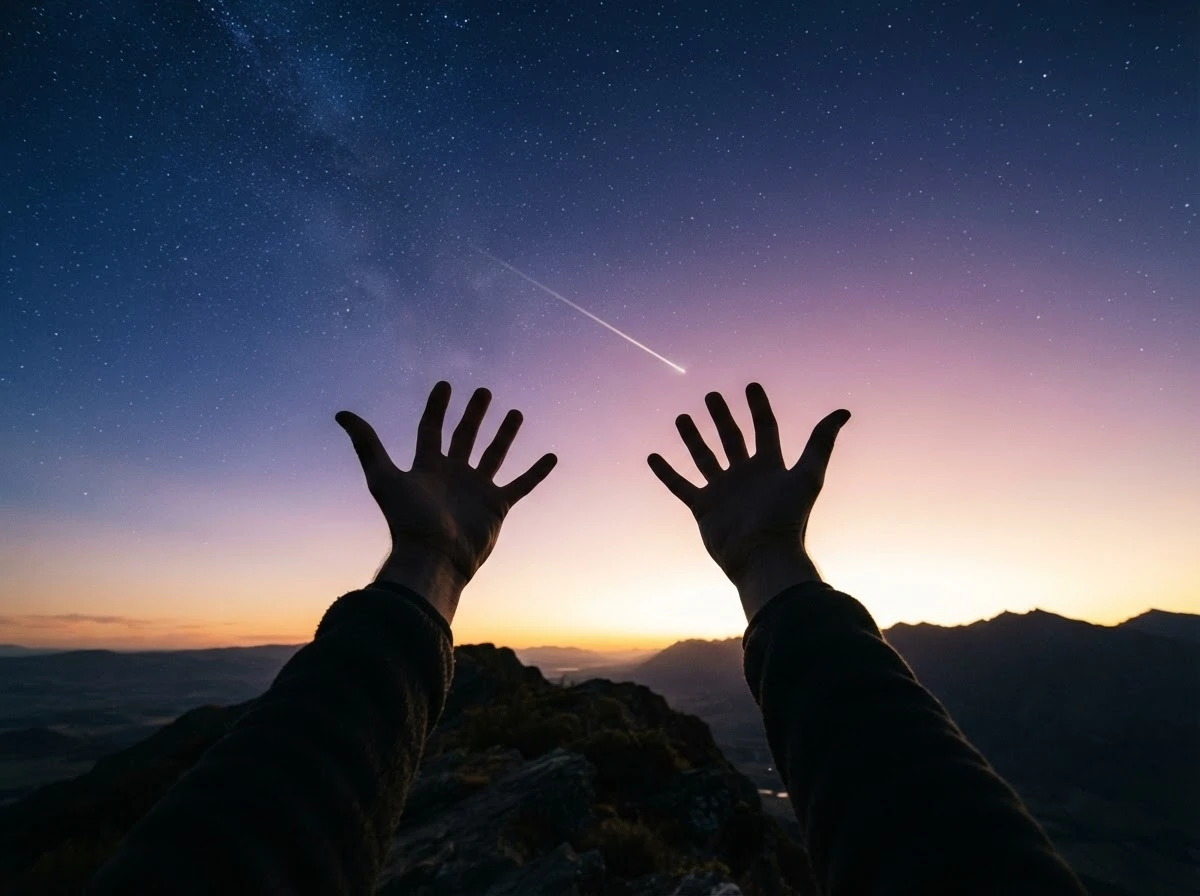 Mãos abertas em direção ao céu ao amanhecer, representando esperança e ação após sonhar com estrela cadente.