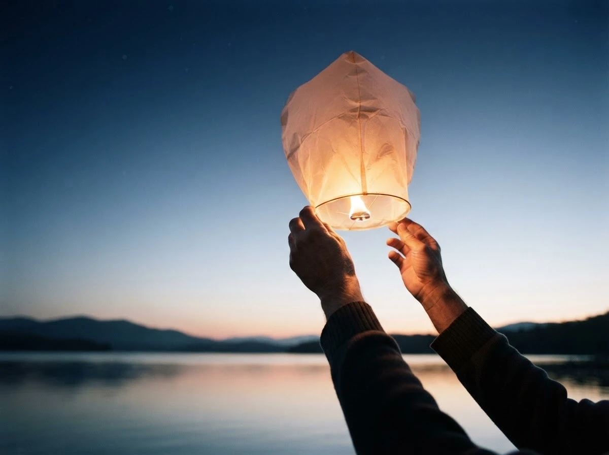 Mãos soltando luz no céu ao amanhecer, simbolizando reflexão e fechamento emocional após sonhar com o ex.