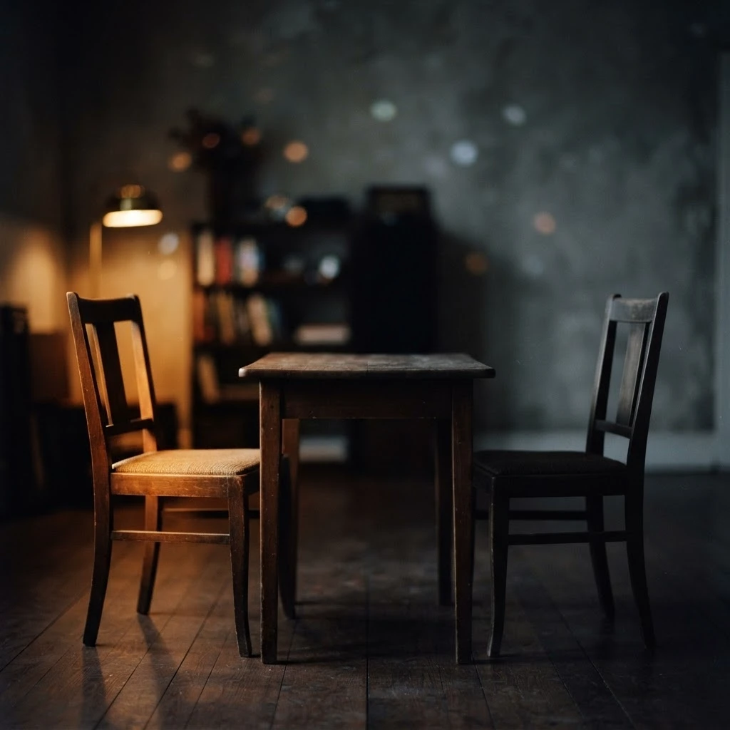 Duas cadeiras à mesa, uma iluminada e outra na sombra, representando a insegurança emocional presente no sonho.
