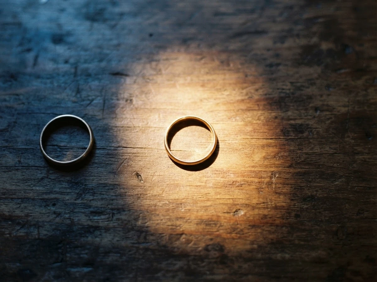 Duas alianças sob luzes contrastantes, representando a comparação entre relacionamento atual e passado
