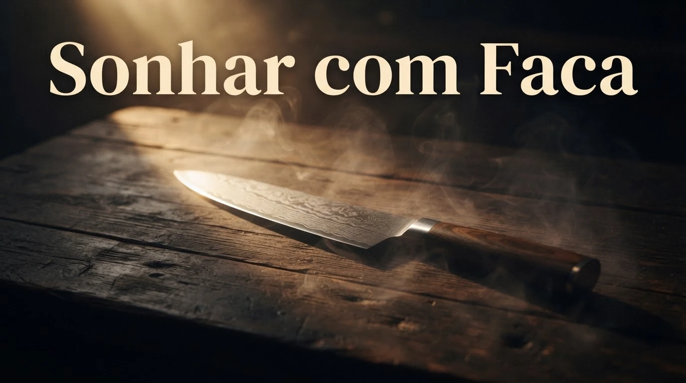 Faca sobre mesa de madeira com luz suave refletindo na lâmina, simbolizando as decisões ligadas a sonhar com faca.