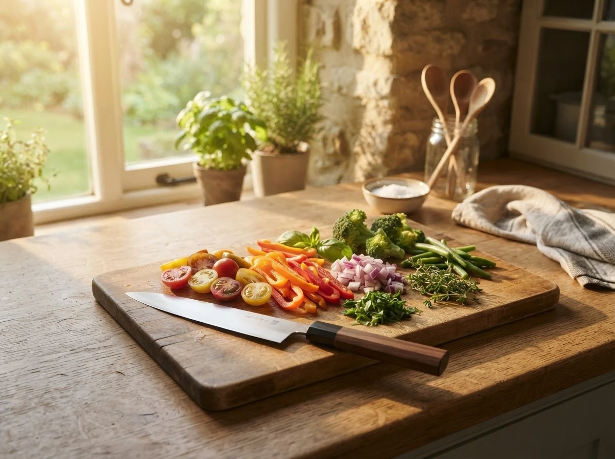 Faca ao lado de vegetais frescos em cozinha iluminada pela manhã, simbolizando renovação no dia a dia.