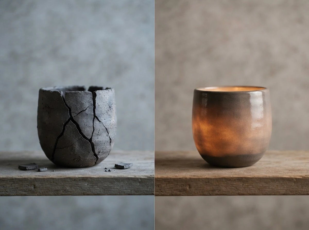 Dois vasos de cerâmica, um rachado e outro intacto, simbolizando a diferença entre uma facada com e sem ferimento visível.