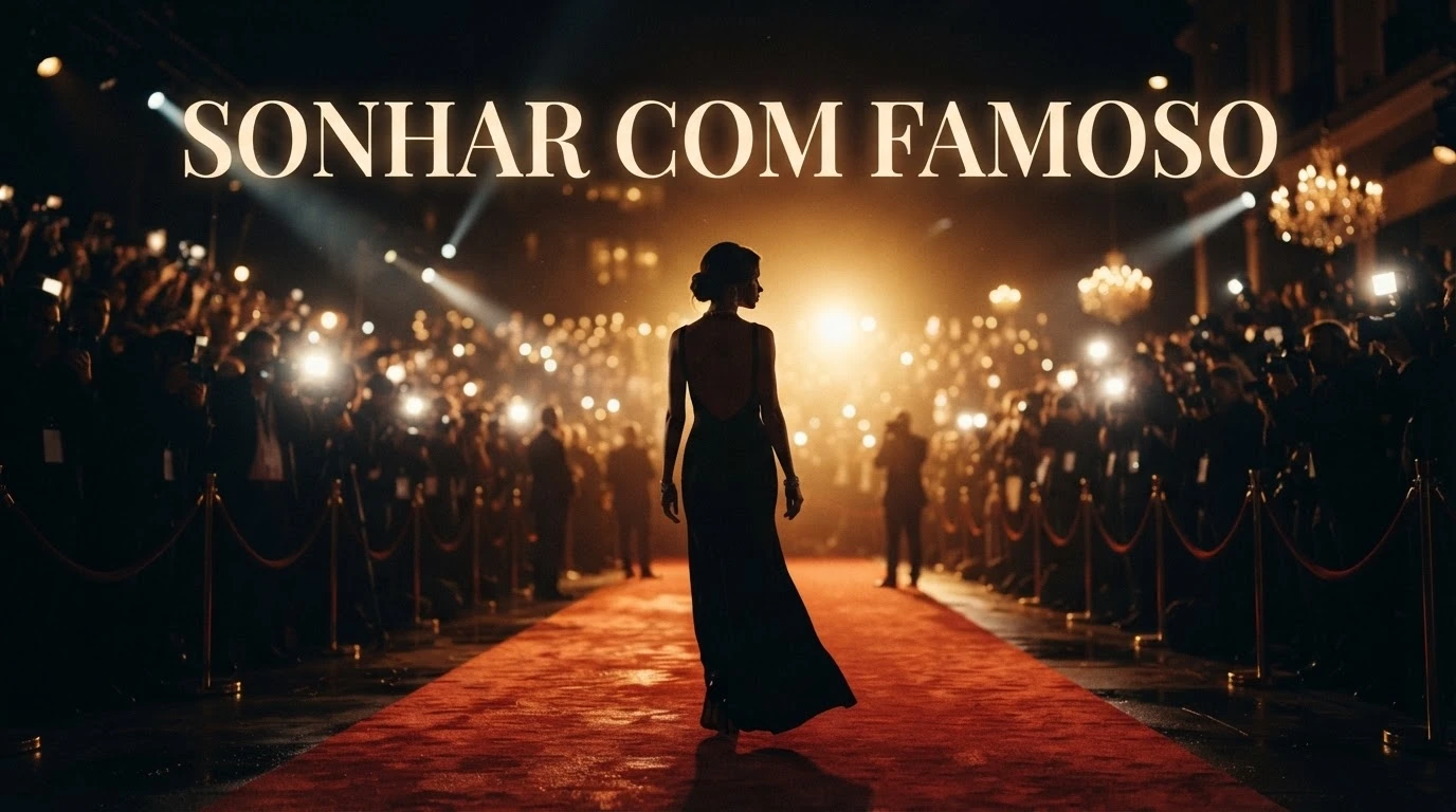 Tapete vermelho iluminado por holofotes dourados, simbolizando o desejo de reconhecimento ao sonhar com famoso.