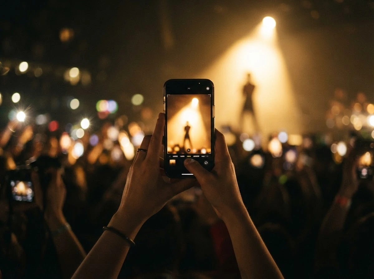 Celular fotografando um brilho dourado no palco, simbolizando o desejo de validação ao sonhar tirando foto com um famoso.