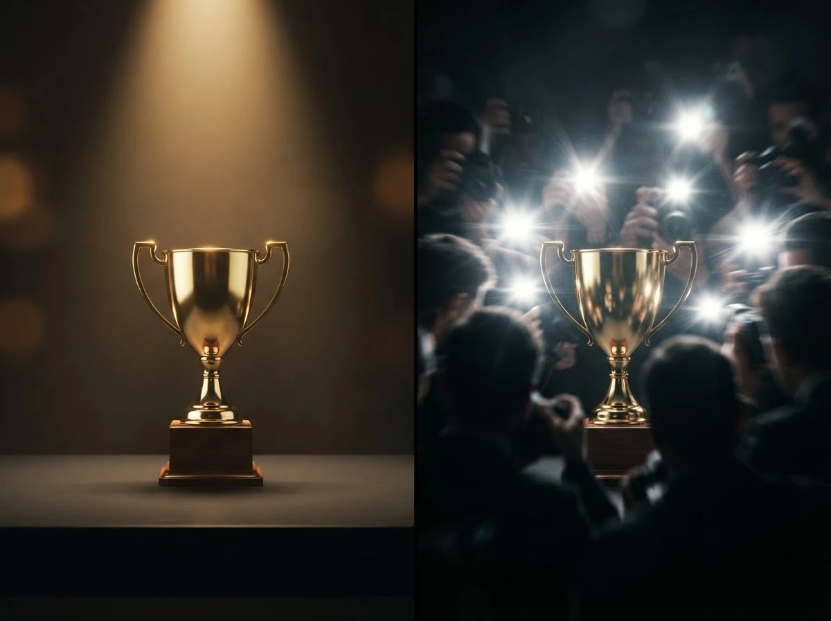 Troféu dourado contrastado com luzes e multidão desfocada, simbolizando os dois lados de sonhar se tornando famoso.