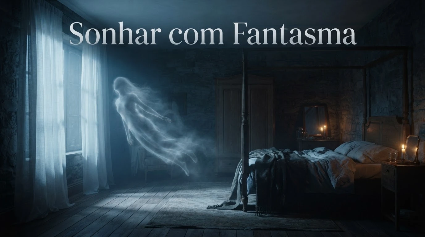 Silhueta translúcida e enevoada em quarto iluminado pela lua, representando o mistério de sonhar com fantasma.