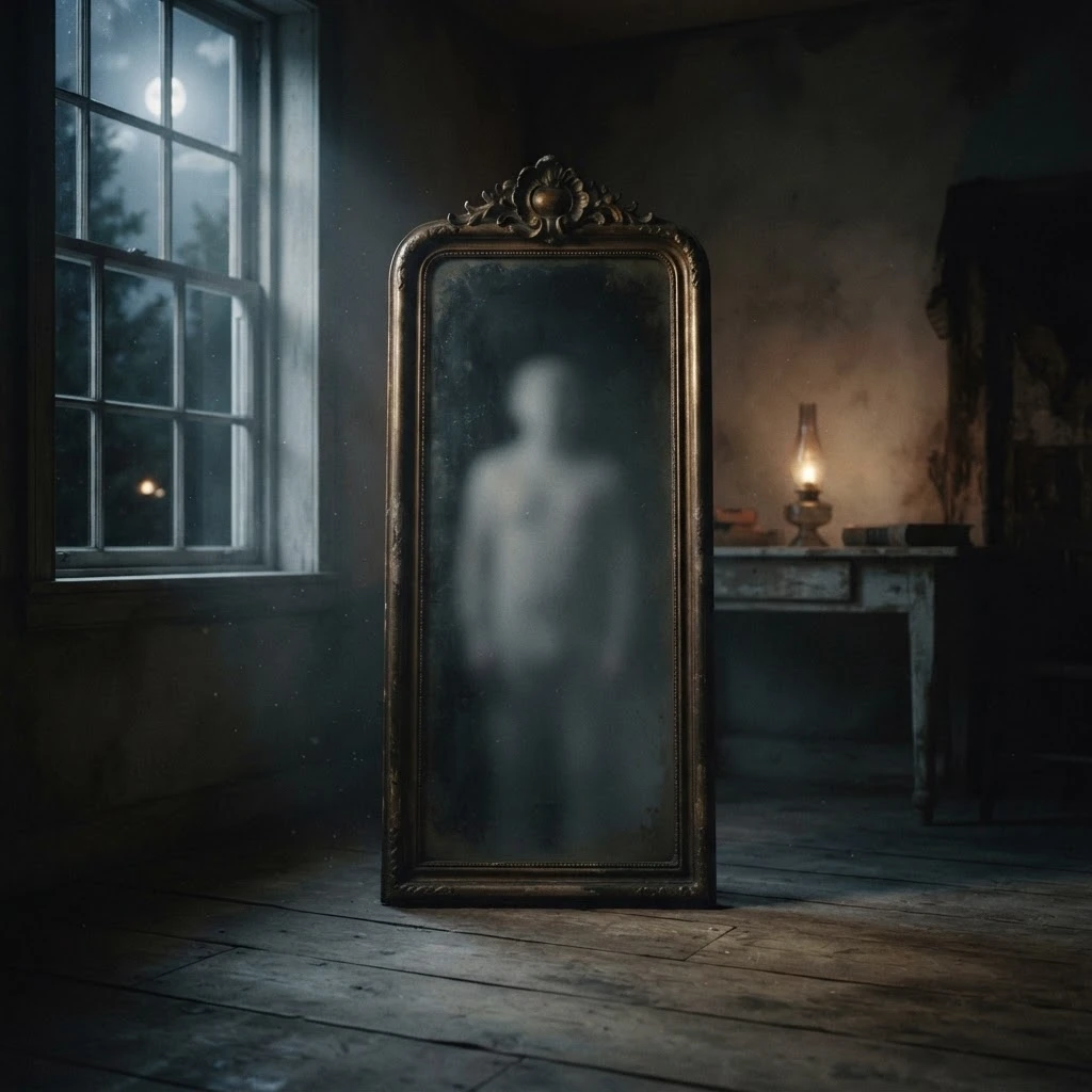 Silhueta indefinida refletida em espelho antigo, simbolizando a identidade pouco clara ao sonhar com fantasma desconhecido.