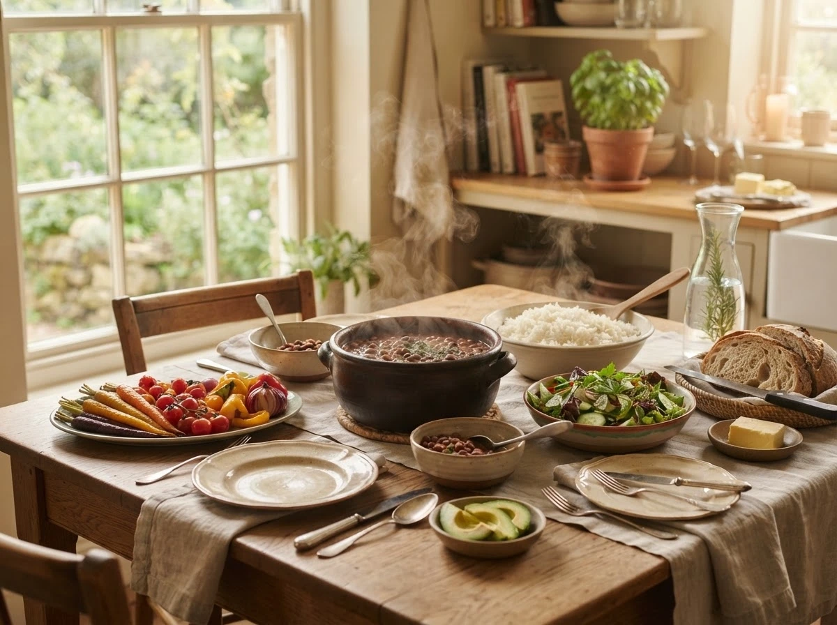 Mesa farta com feijão, arroz e vegetais frescos iluminada pela luz da manhã, simbolizando gratidão e fartura.