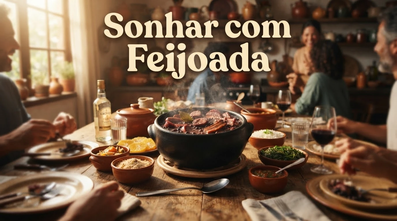 Panela farta de feijoada fumegante sobre mesa rústica, simbolizando tradição e convívio ao sonhar com feijoada.
