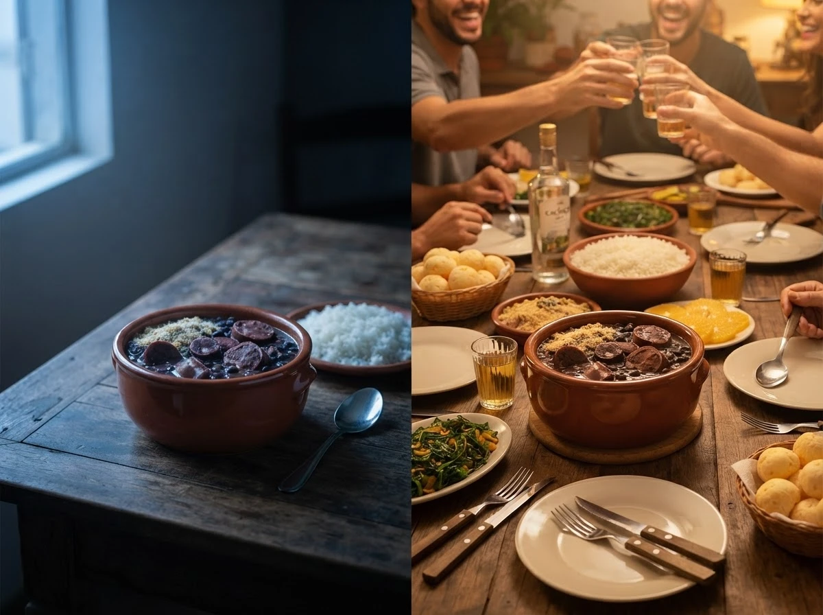 Composição contrastando um prato de feijoada sozinho e outro cercado de companhia, simbolizando isolamento e convívio.