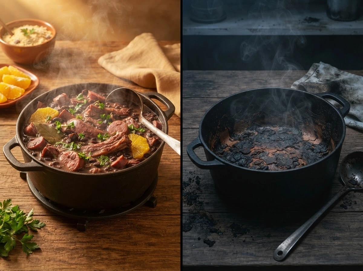 Duas panelas de feijoada, uma farta e outra queimada, simbolizando prosperidade e alerta no mesmo sonho.