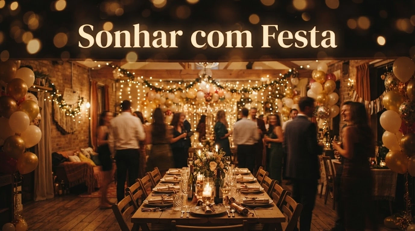 Ambiente de festa iluminado por luzes douradas e balões, simbolizando celebração ao sonhar com festa.