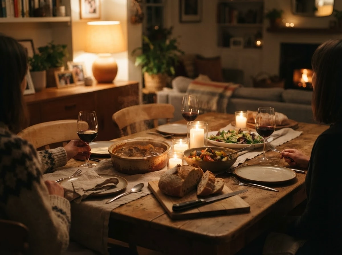 Mesa aconchegante preparada para reunião em família, simbolizando segurança emocional ao sonhar com festa em casa.