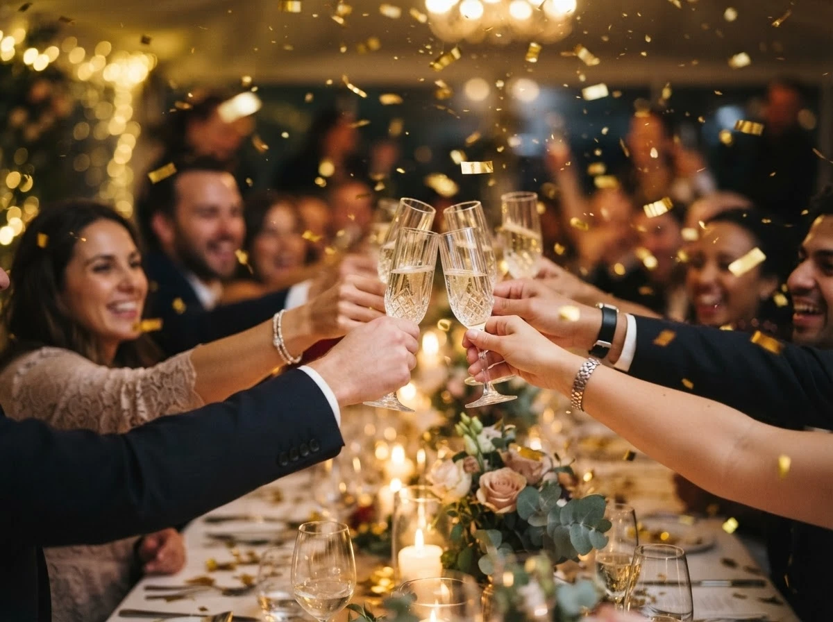 Confete dourado caindo sobre uma mesa de celebração com taças erguidas em brinde, simbolizando boas notícias.