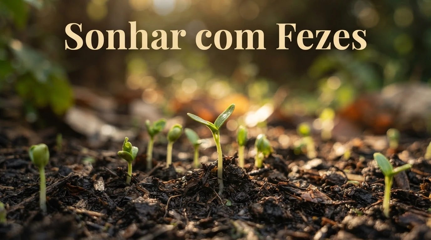 Solo fértil escuro com brotos verdes nascendo, simbolizando purificação e renovação ao sonhar com fezes.
