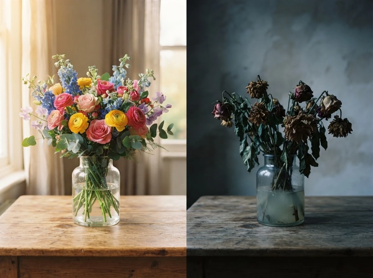 Contraste entre flores viçosas e murchas simbolizando o fim de um ciclo emocional