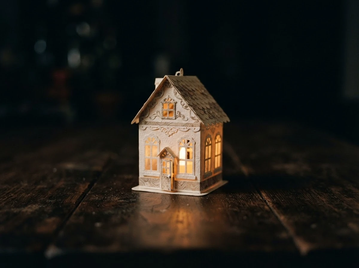 Casa em miniatura iluminada por dentro simbolizando mudanças internas ao sonhar com casa pegando fogo