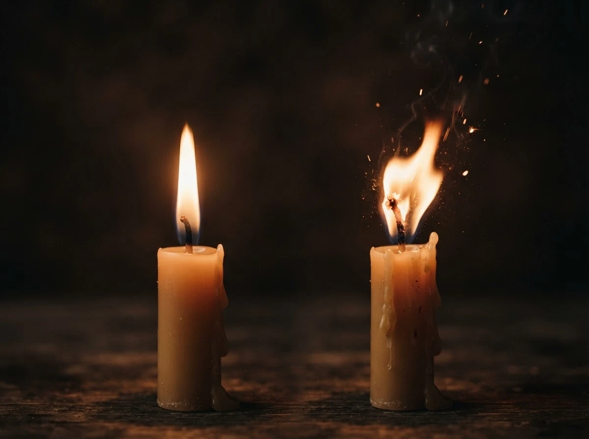 Duas chamas de vela, uma calma e outra intensa, simbolizando se sonhar com fogo é bom ou ruim