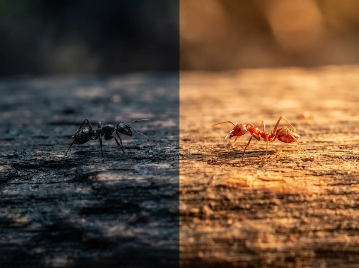 Formiga preta e formiga vermelha lado a lado simbolizando segredos e emoções intensas