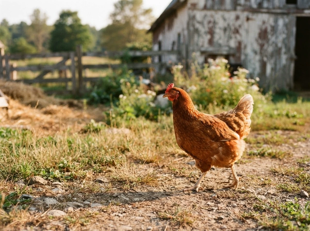Frango caminhando tranquilo pelo quintal simbolizando liberdade e novos começos