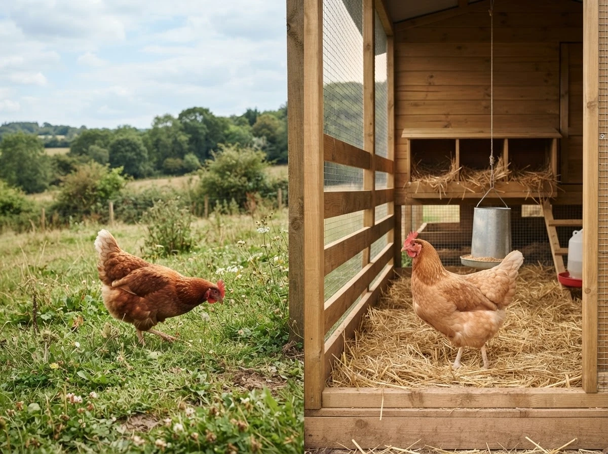 Frango caipira solto ao lado de frango de granja no galinheiro simbolizando dois caminhos de vida
