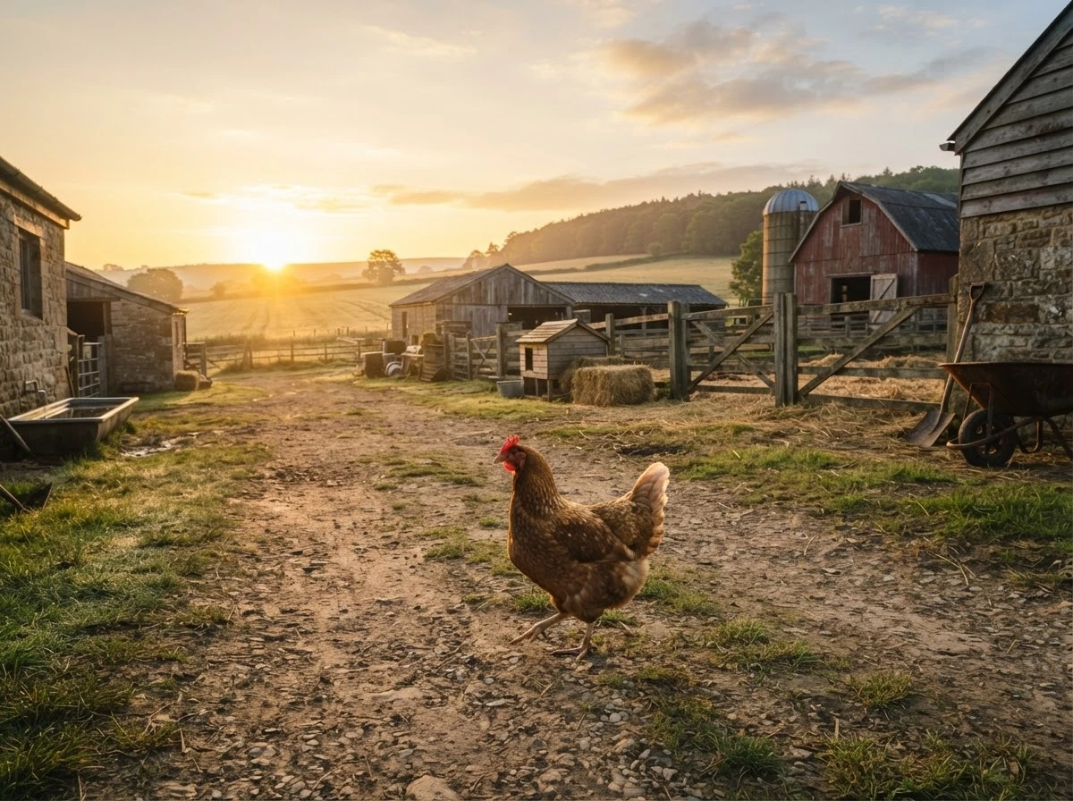 Frango caminhando ao amanhecer simbolizando um novo começo cheio de esperança
