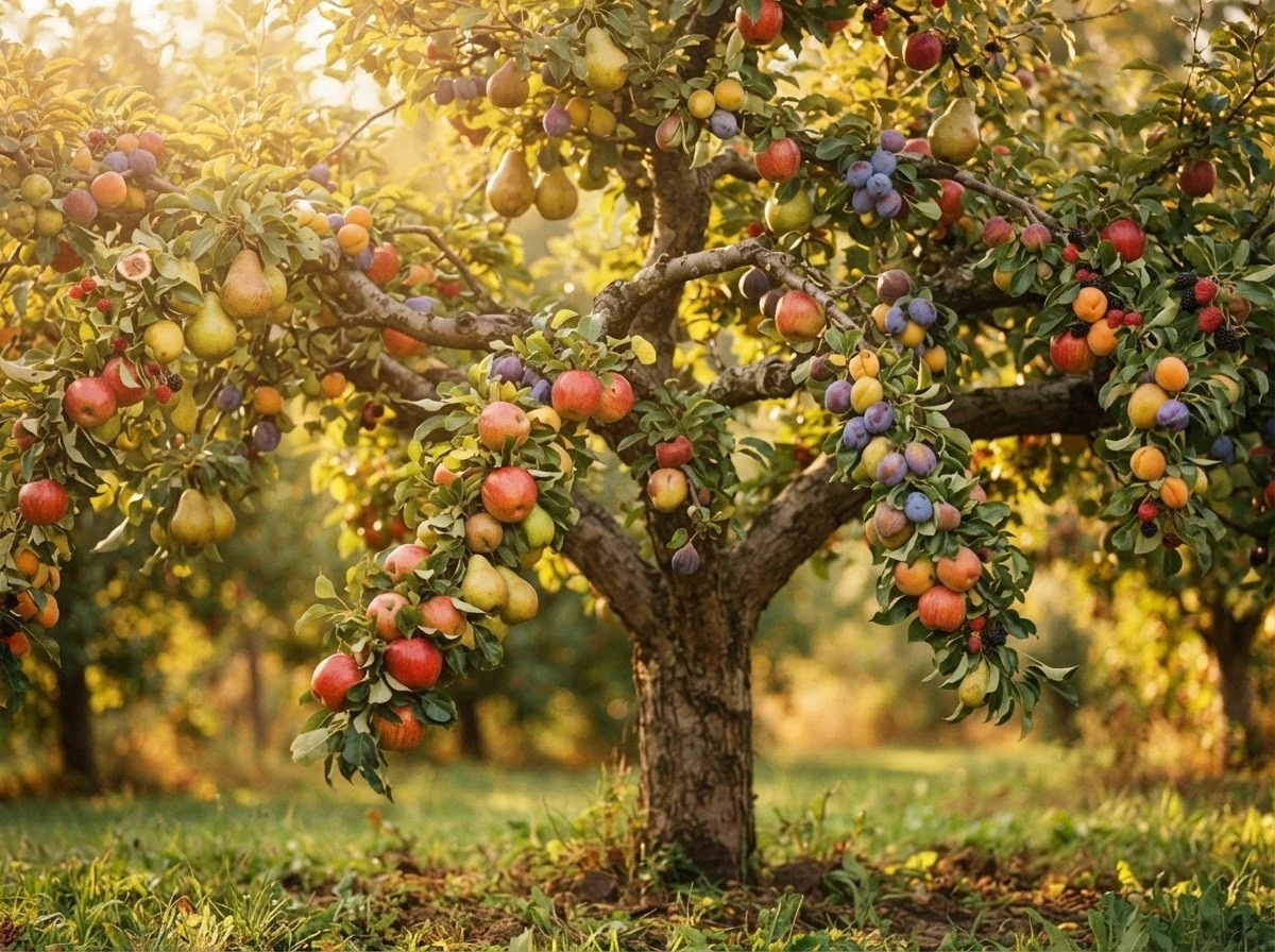 Árvore carregada de frutas variadas simbolizando uma base sólida de prosperidade