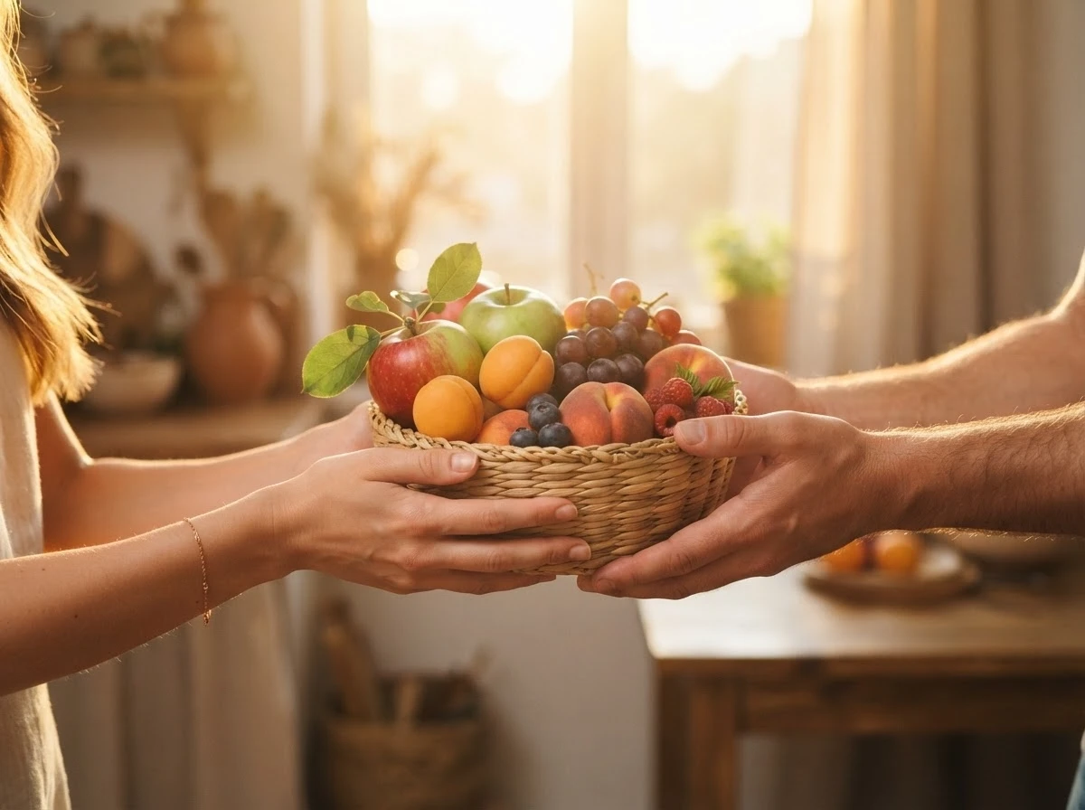 Mãos oferecendo uma cesta de frutas frescas simbolizando generosidade e gratidão