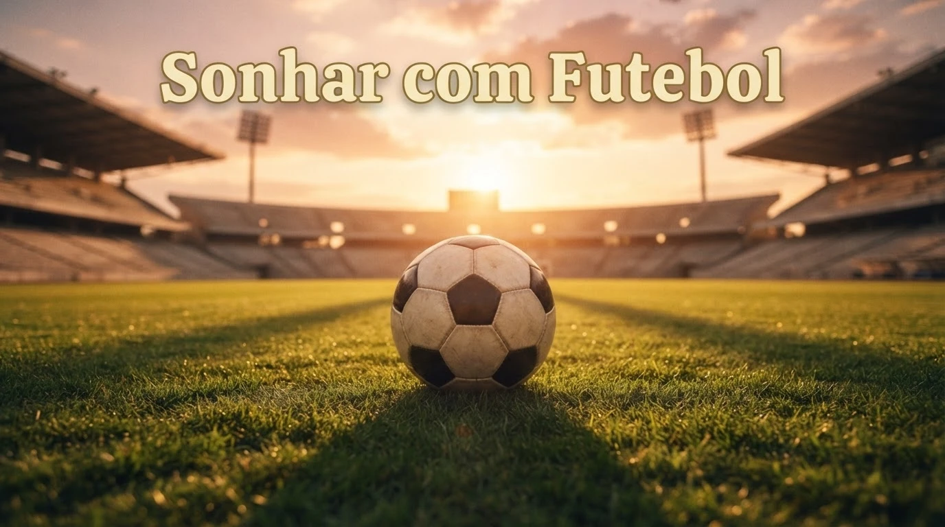 Bola de futebol em campo iluminado pelo pôr do sol representando o significado de sonhar com futebol