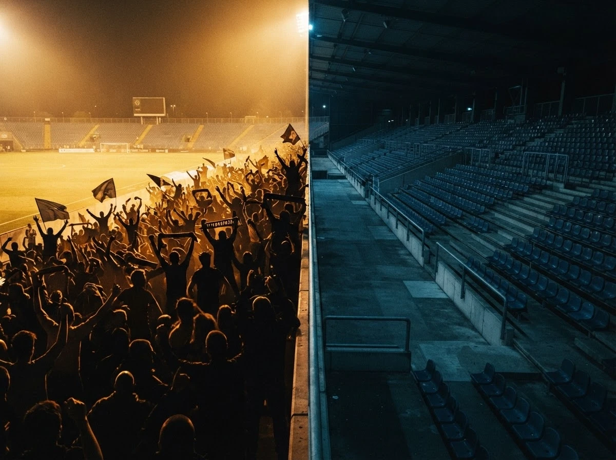 Torcida comemorando ao lado de arquibancada vazia simbolizando vencer ou perder o jogo no sonho