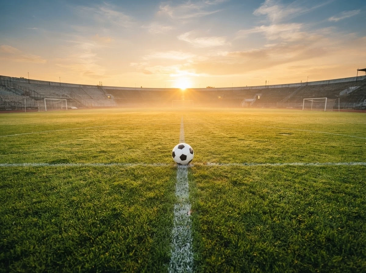 Campo de futebol vazio ao amanhecer com uma bola ao centro simbolizando um novo recomeço