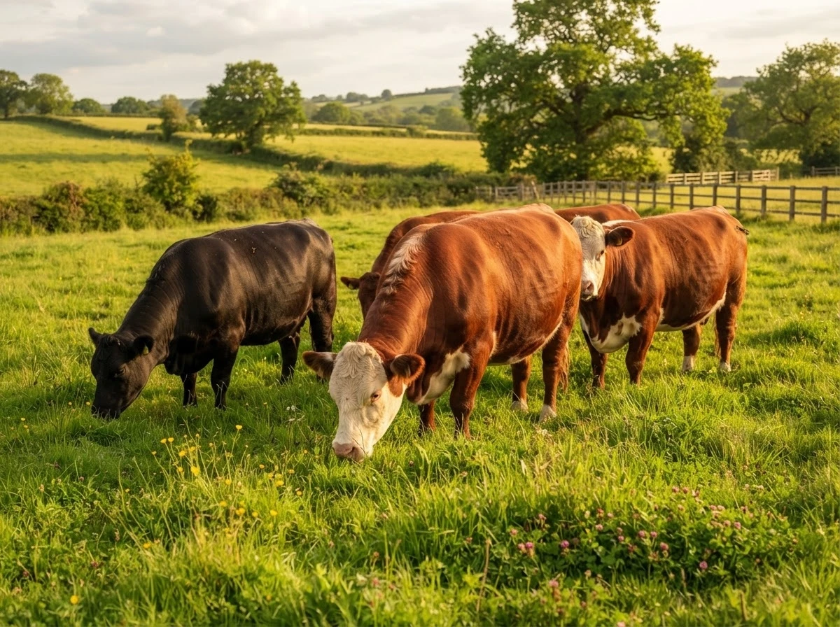 Gado gordo e saudável pastando em campo verde simbolizando fartura e estabilidade financeira