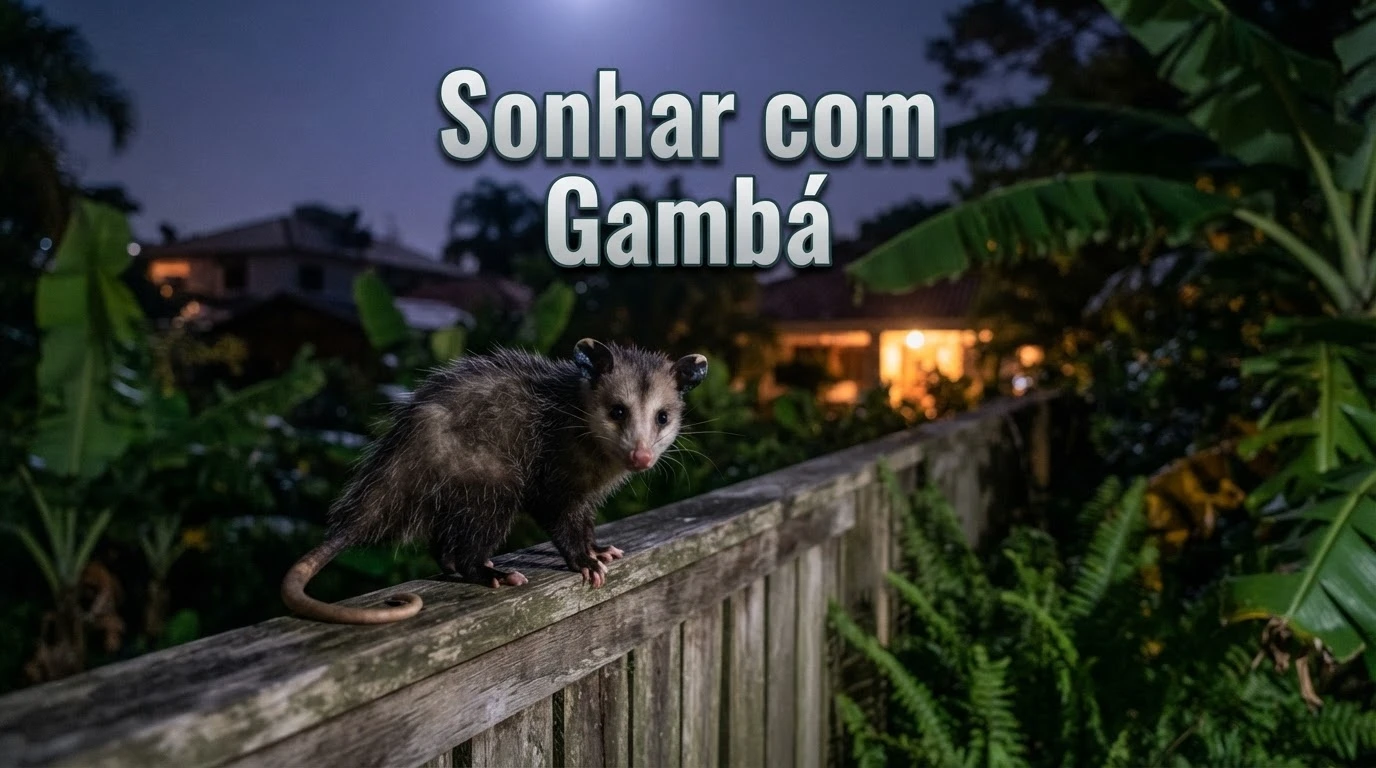 Gambá alerta sobre uma cerca à noite, representando o desconforto e a necessidade de adaptação nesse sonho
