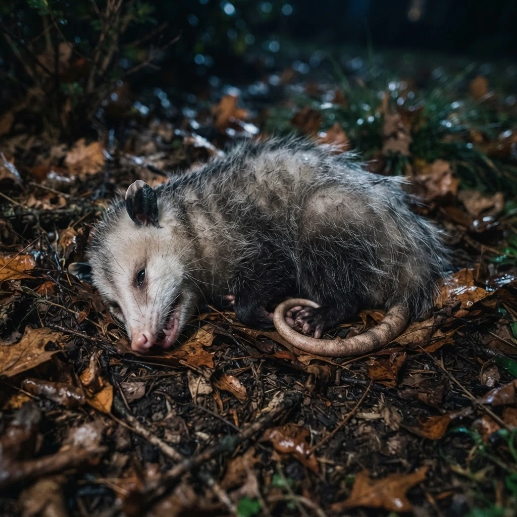 Gambá fingindo de morto no quintal, simbolizando a estratégia de evitar um conflito nesse sonho
