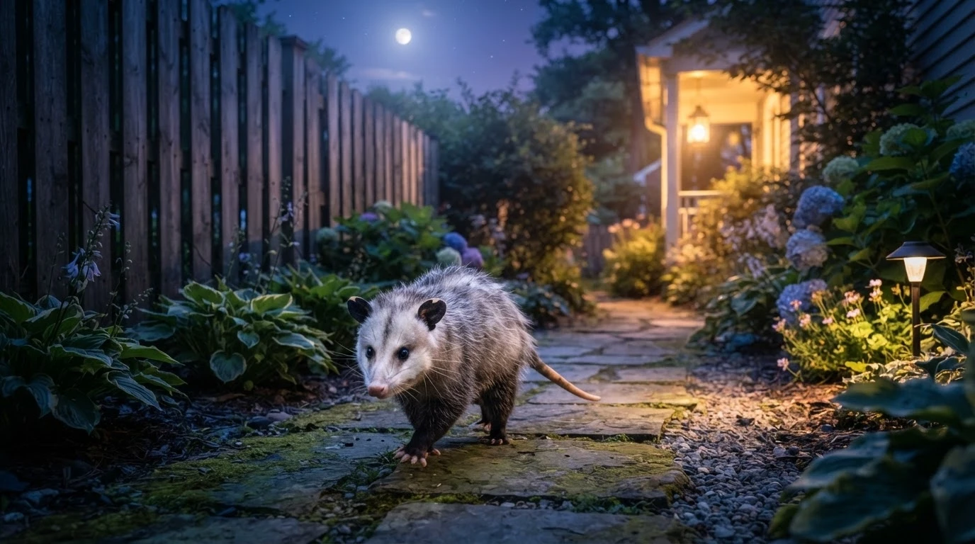 Gambá seguindo por um caminho iluminado no jardim, simbolizando a superação após esse sonho