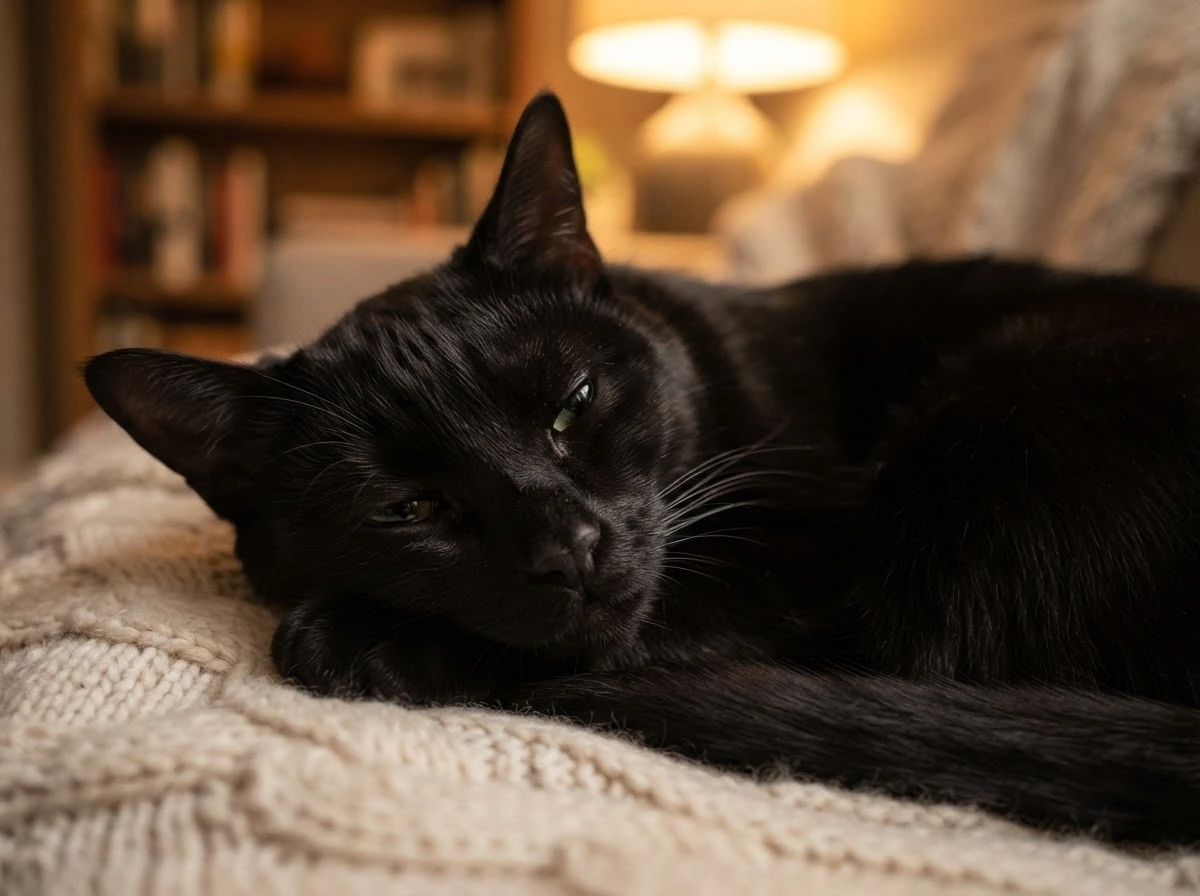 Gato preto calmo e relaxado representando equilíbrio emocional e proteção espiritual