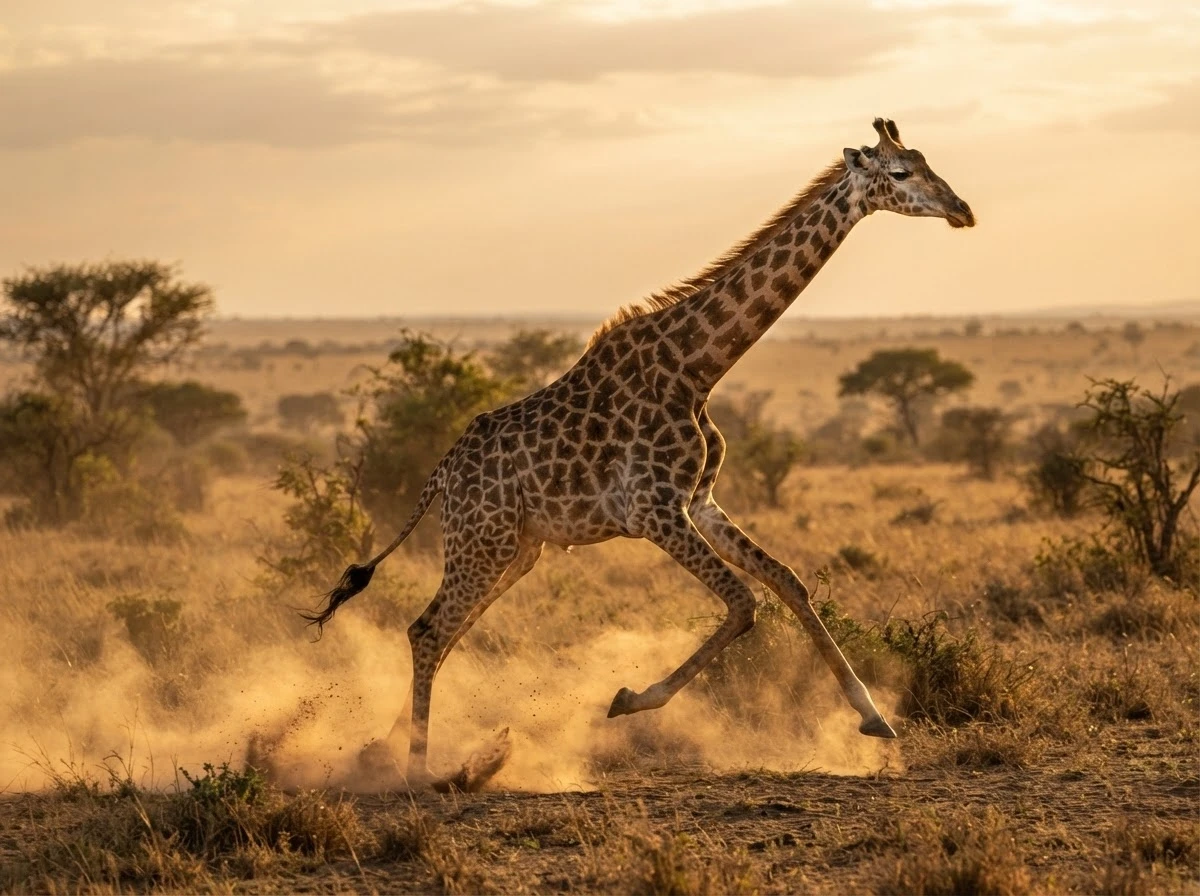 Girafa correndo pela savana, simbolizando medos e desafios ainda não enfrentados nesse sonho