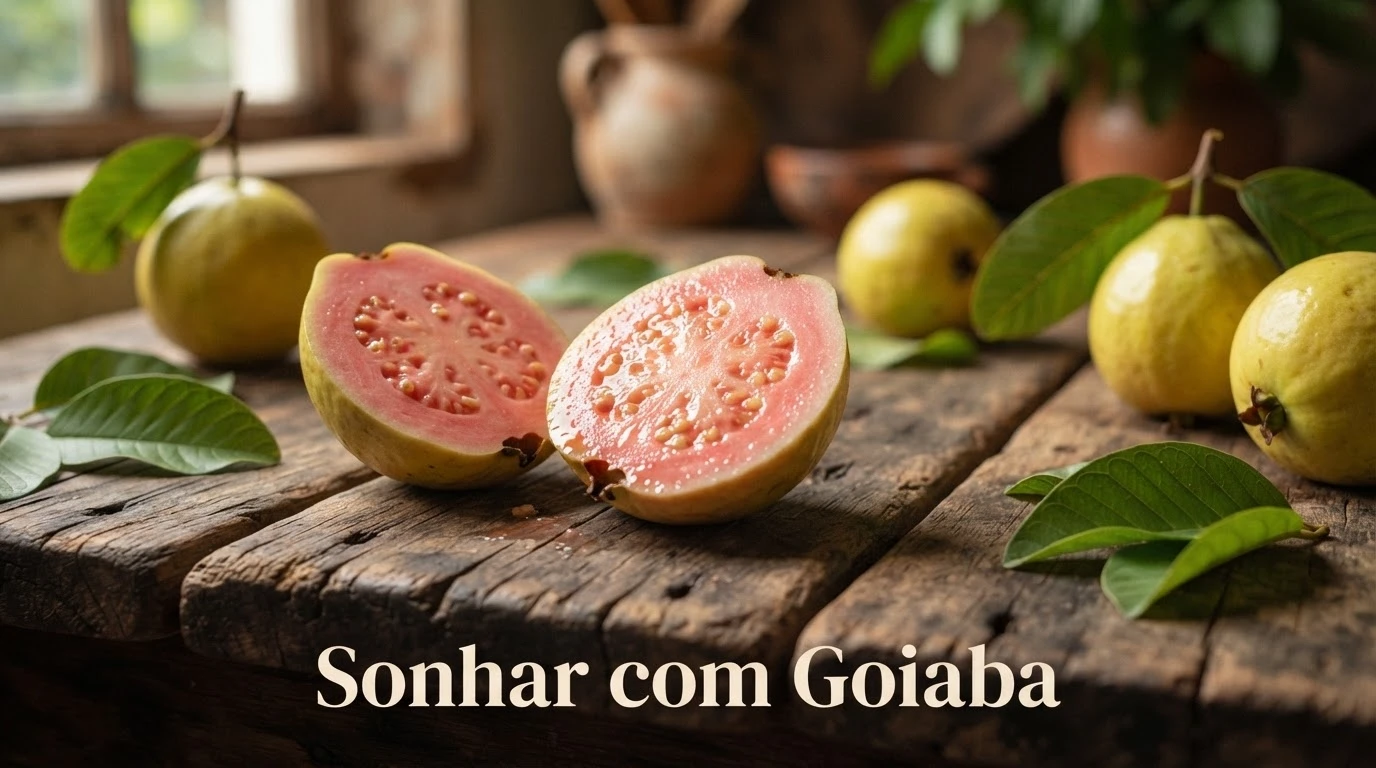 Goiaba madura cortada ao meio sobre mesa de madeira, representando fartura simples nesse sonho